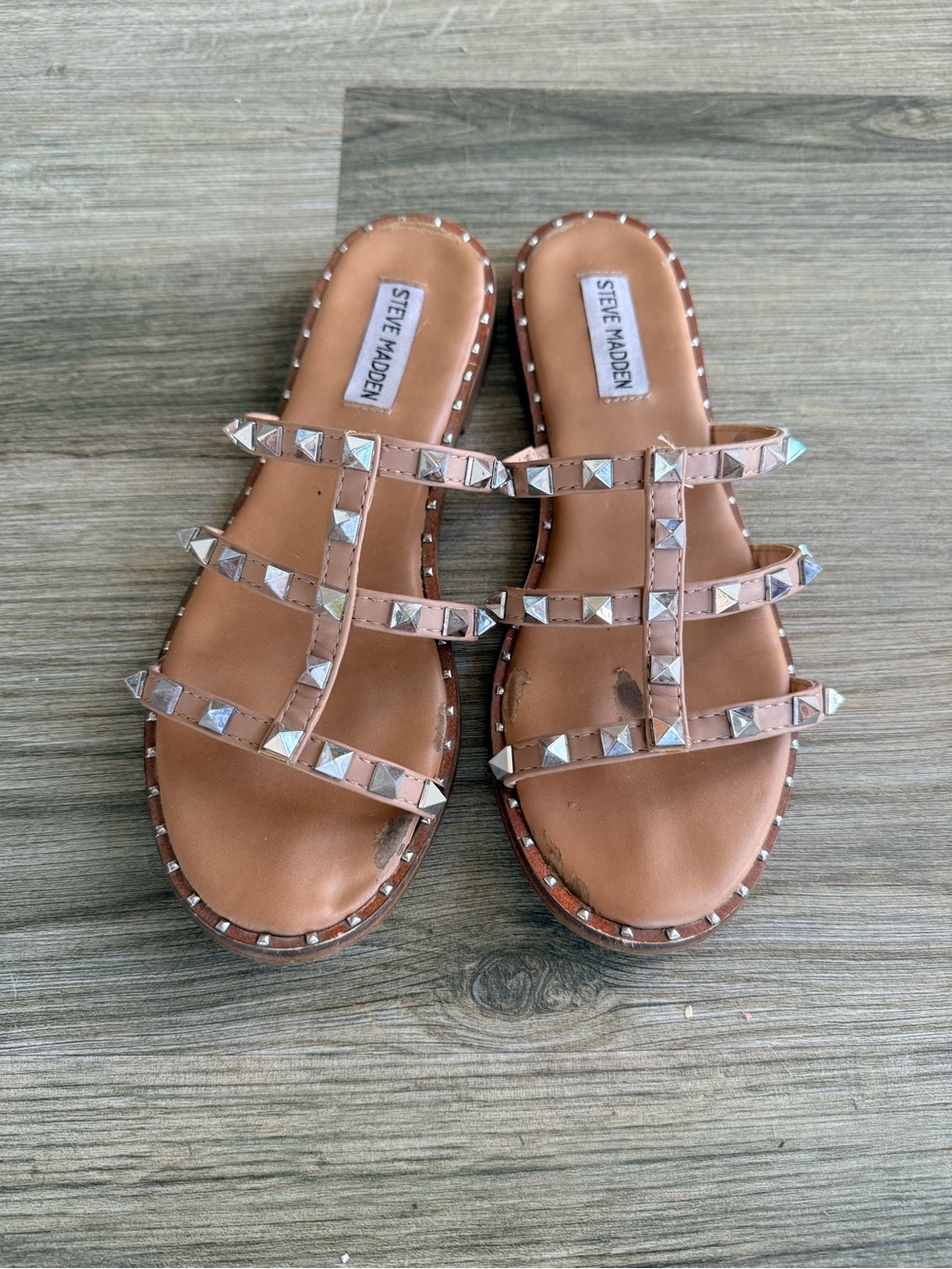 Steve Madden Rose-Tan Pyramid Stud Slide Sandals